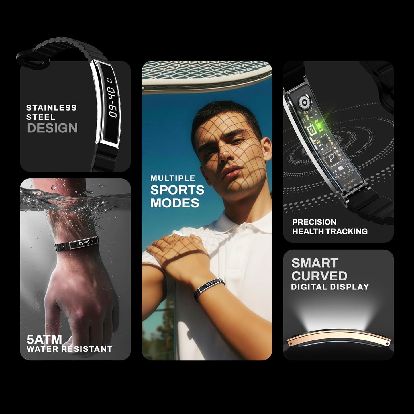 Smart Bracelet – Digital Display | Heart Rate & SpO2 Monitoring | Sleep Tracker | Sports Modes | Magnetic Strap | Premium Build - Obsidian Gold