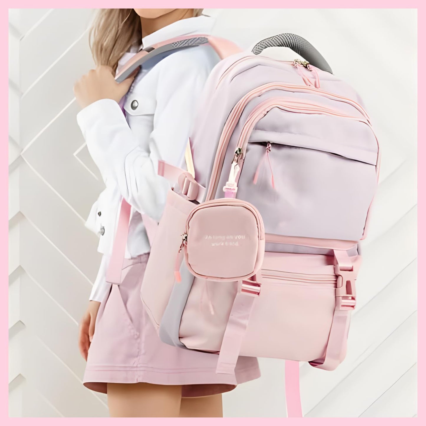 FWQPRA Girls Backpack School Backpack with Small Zipper Pouch Fashion Nylon with Padded Shoulder Straps & Handle Design Multi Compartment Large for School,Camping,Travel