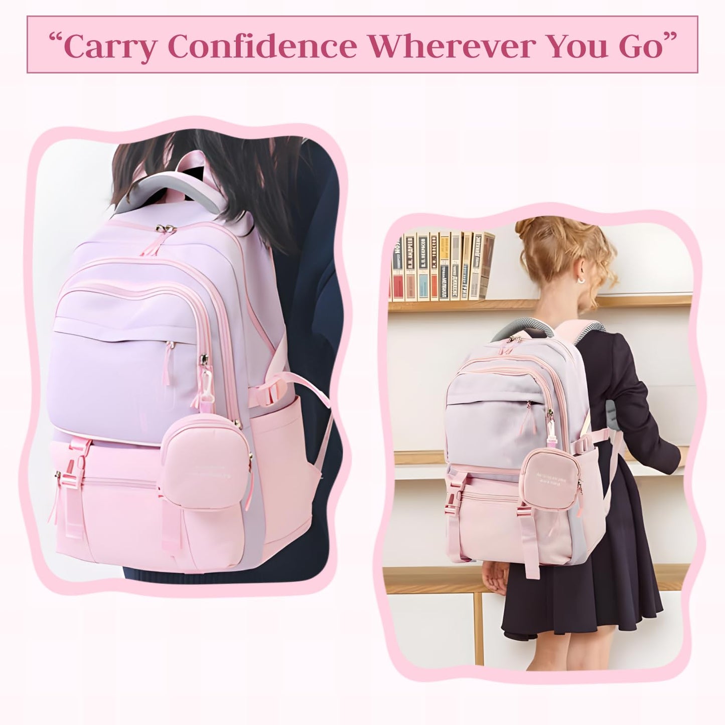 FWQPRA Girls Backpack School Backpack with Small Zipper Pouch Fashion Nylon with Padded Shoulder Straps & Handle Design Multi Compartment Large for School,Camping,Travel