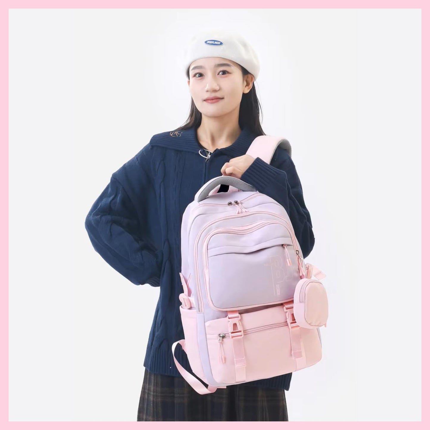 FWQPRA Girls Backpack School Backpack with Small Zipper Pouch Fashion Nylon with Padded Shoulder Straps & Handle Design Multi Compartment Large for School,Camping,Travel
