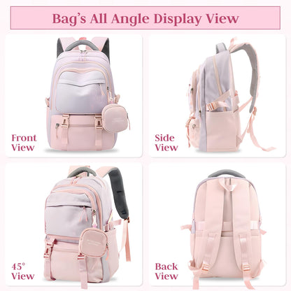 FWQPRA Girls Backpack School Backpack with Small Zipper Pouch Fashion Nylon with Padded Shoulder Straps & Handle Design Multi Compartment Large for School,Camping,Travel