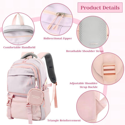 FWQPRA Girls Backpack School Backpack with Small Zipper Pouch Fashion Nylon with Padded Shoulder Straps & Handle Design Multi Compartment Large for School,Camping,Travel