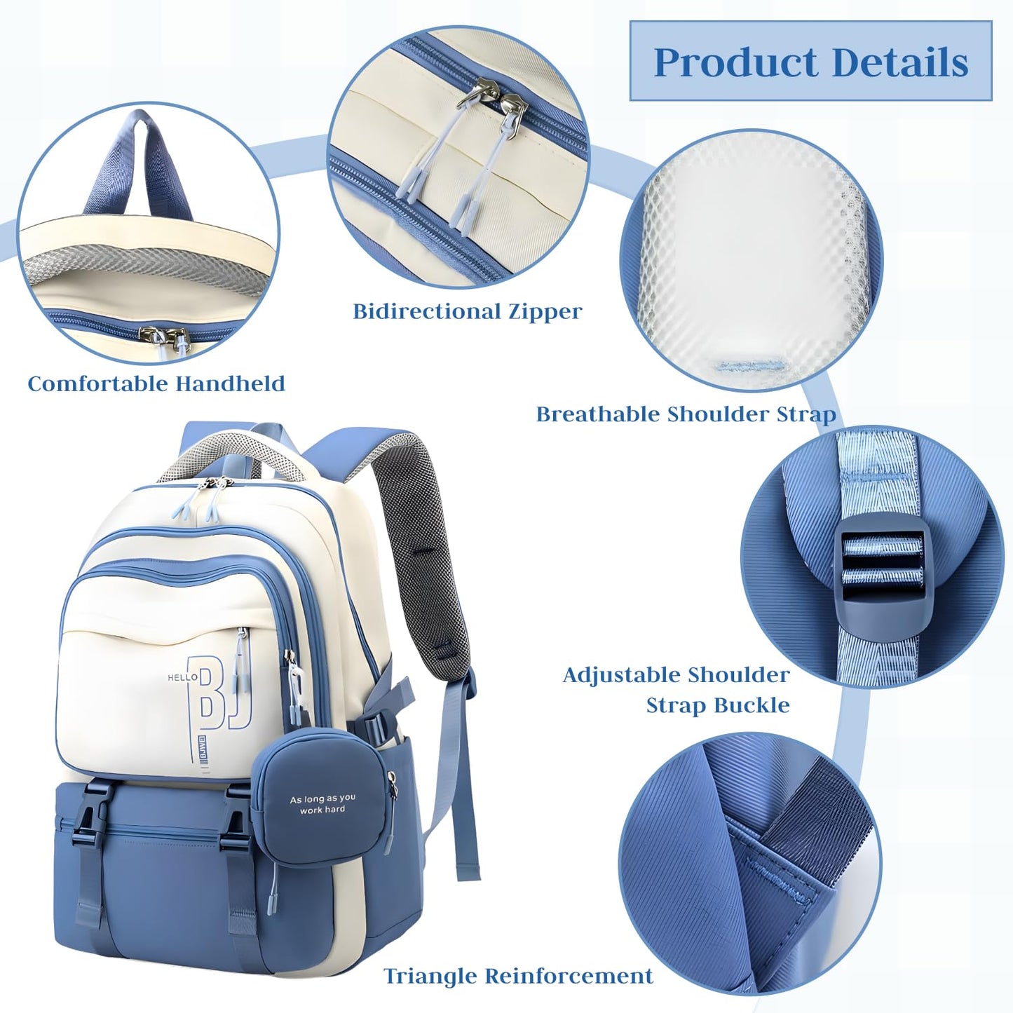 FWQPRA Girls Backpack School Backpack with Small Zipper Pouch Fashion Nylon with Padded Shoulder Straps & Handle Design Multi Compartment Large for School,Camping,Travel