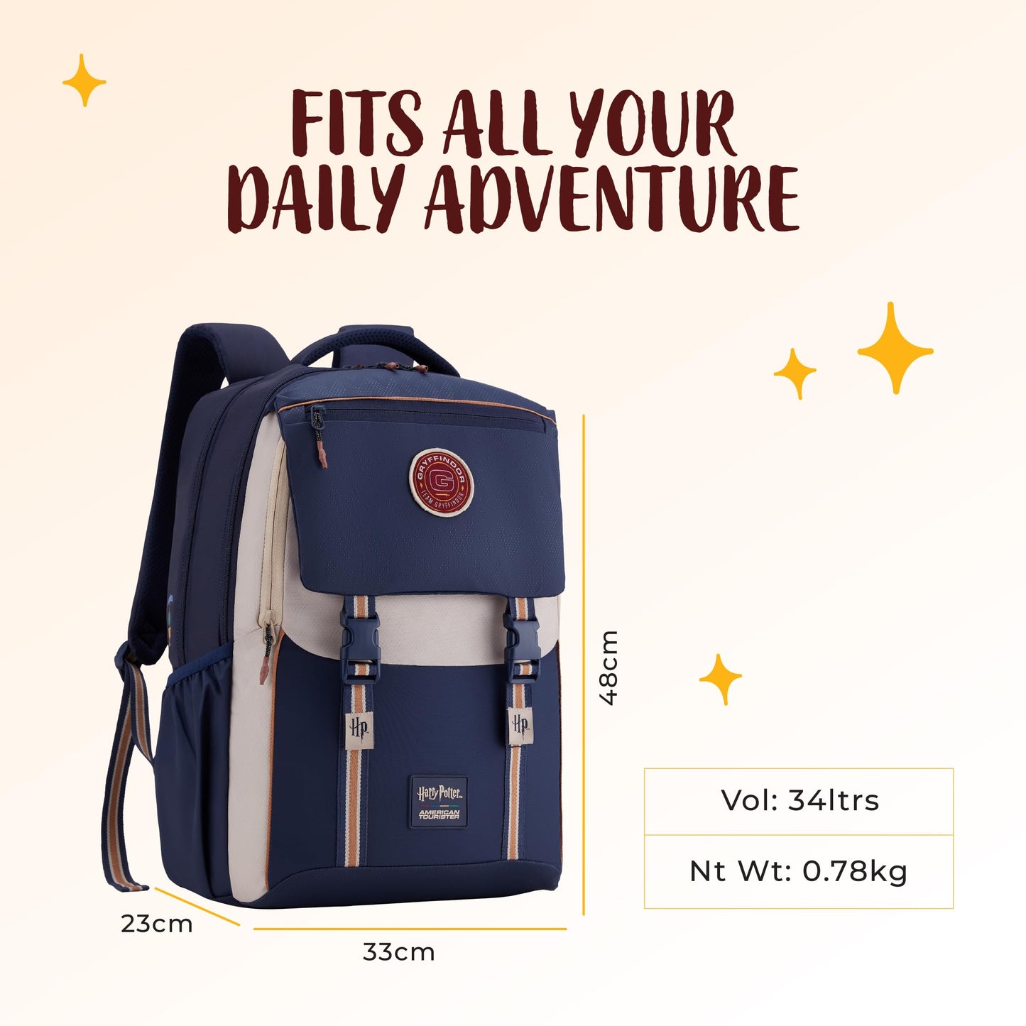 Harry Potter x American Tourister Hogwart Illustration Backpack | 33L School Bag for Girl and Boy | Multiple Compartment |AT Playunique - Harry's Specks Charm Puller | Beige | 1 Year Global Warranty