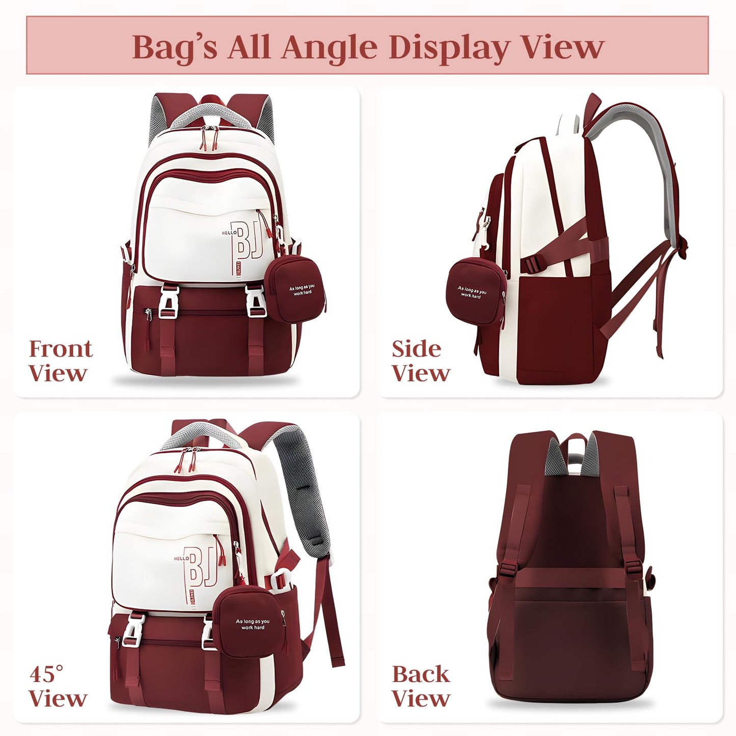 FWQPRA Girls Backpack School Backpack with Small Zipper Pouch Fashion Nylon with Padded Shoulder Straps & Handle Design Multi Compartment Large for School,Camping,Travel