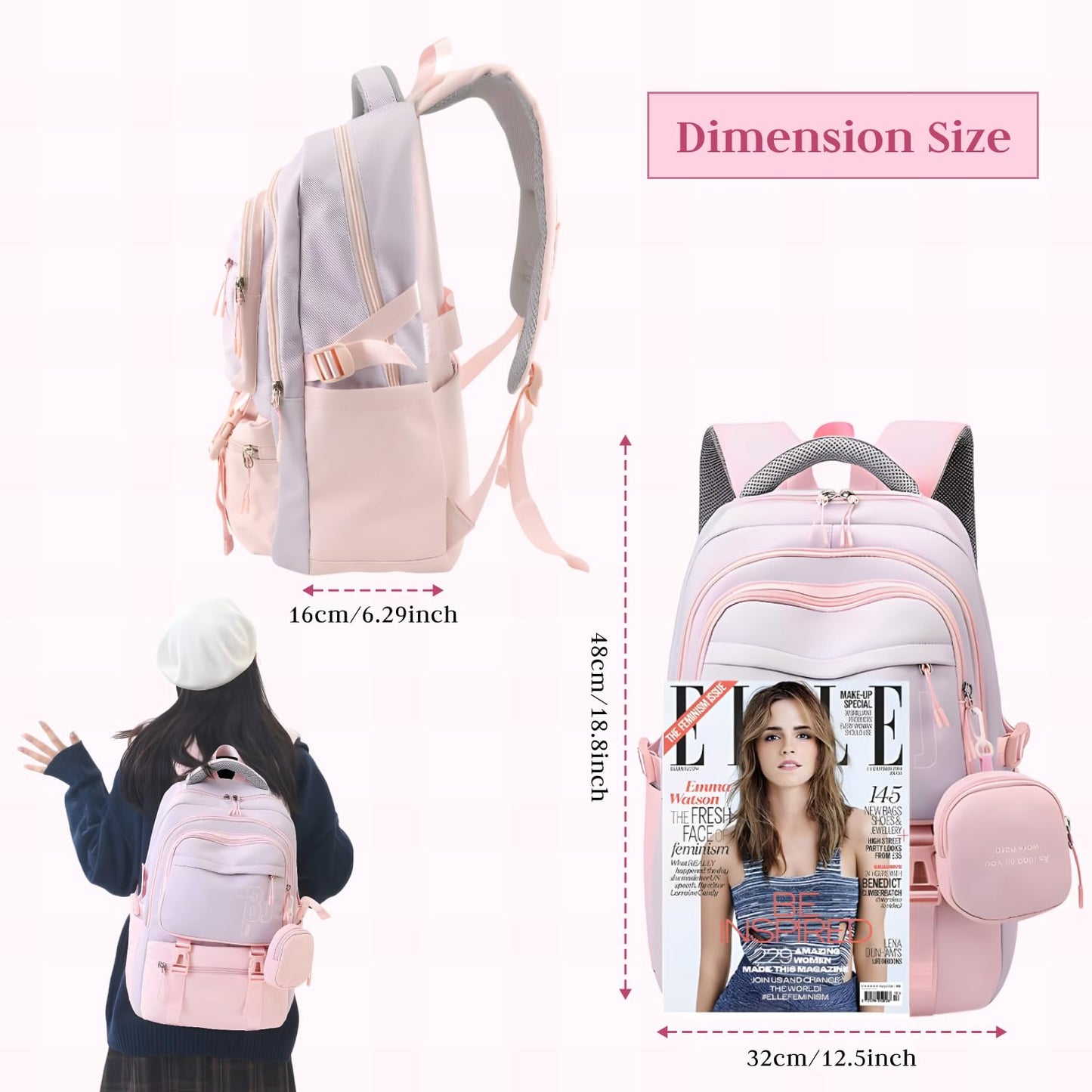 FWQPRA Girls Backpack School Backpack with Small Zipper Pouch Fashion Nylon with Padded Shoulder Straps & Handle Design Multi Compartment Large for School,Camping,Travel