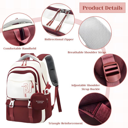 FWQPRA Girls Backpack School Backpack with Small Zipper Pouch Fashion Nylon with Padded Shoulder Straps & Handle Design Multi Compartment Large for School,Camping,Travel
