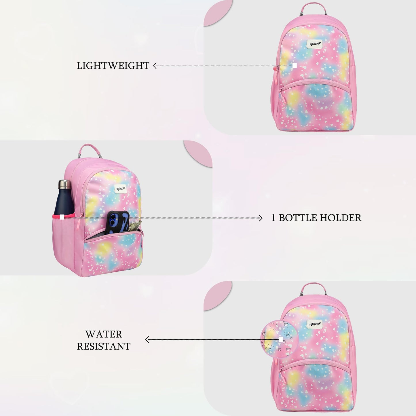 F Gear Brio Kids Backpack|Water-Resistant Polyester|2 Spacious Compartments with Front Pocket & Bottle Holder Adjustable Shoulder Straps|Durable YKK Zippers