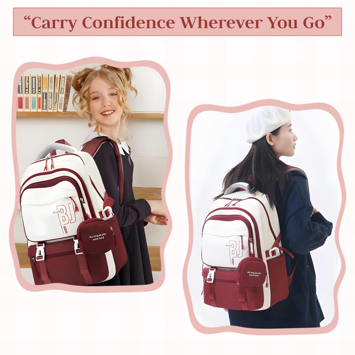FWQPRA Girls Backpack School Backpack with Small Zipper Pouch Fashion Nylon with Padded Shoulder Straps & Handle Design Multi Compartment Large for School,Camping,Travel