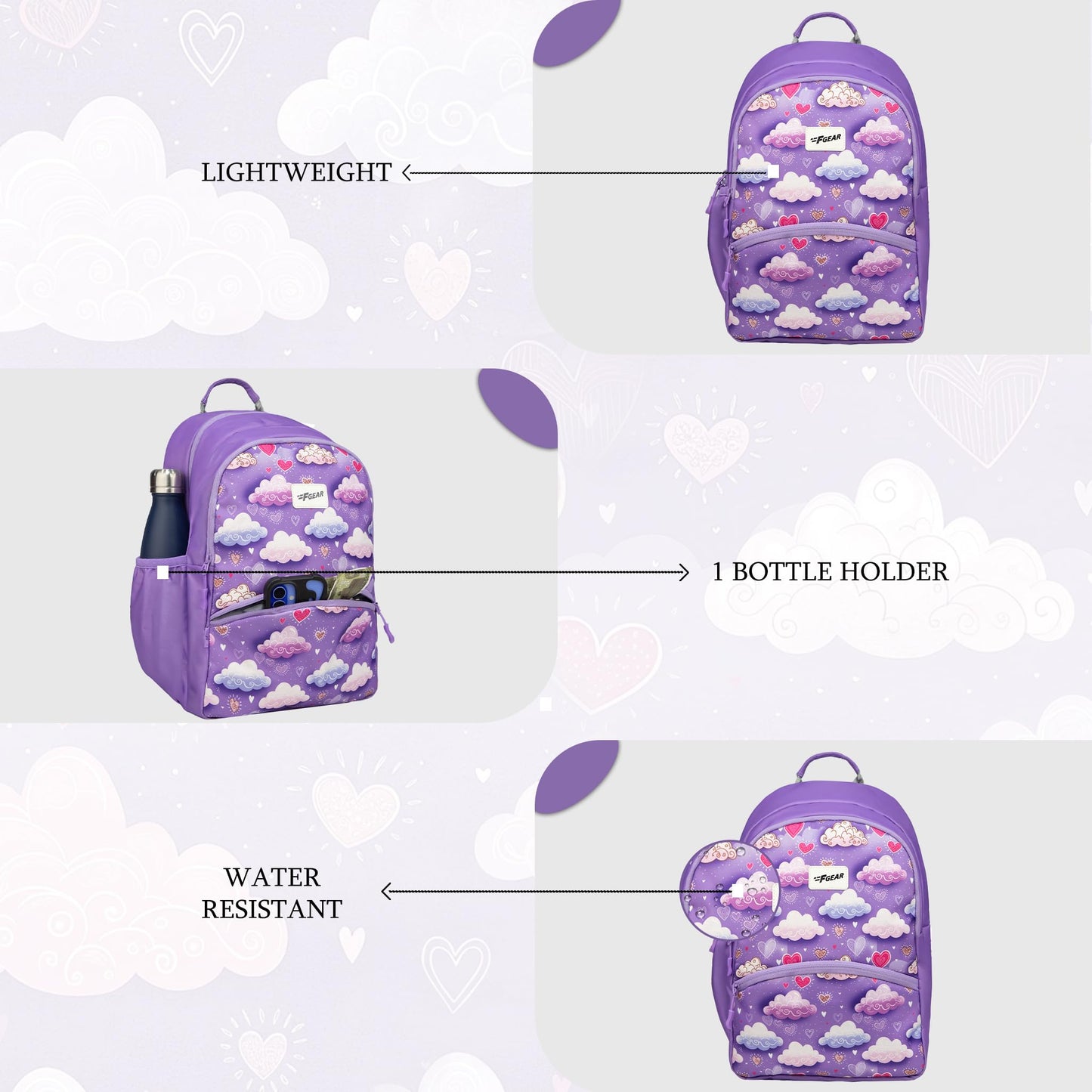 F Gear Brio Kids Backpack|Water-Resistant Polyester|2 Spacious Compartments with Front Pocket & Bottle Holder Adjustable Shoulder Straps|Durable YKK Zippers