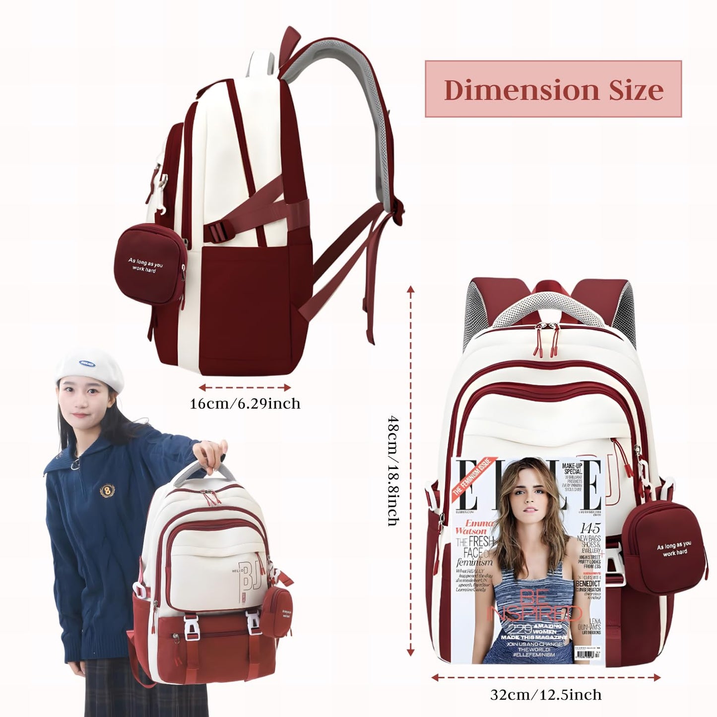 FWQPRA Girls Backpack School Backpack with Small Zipper Pouch Fashion Nylon with Padded Shoulder Straps & Handle Design Multi Compartment Large for School,Camping,Travel