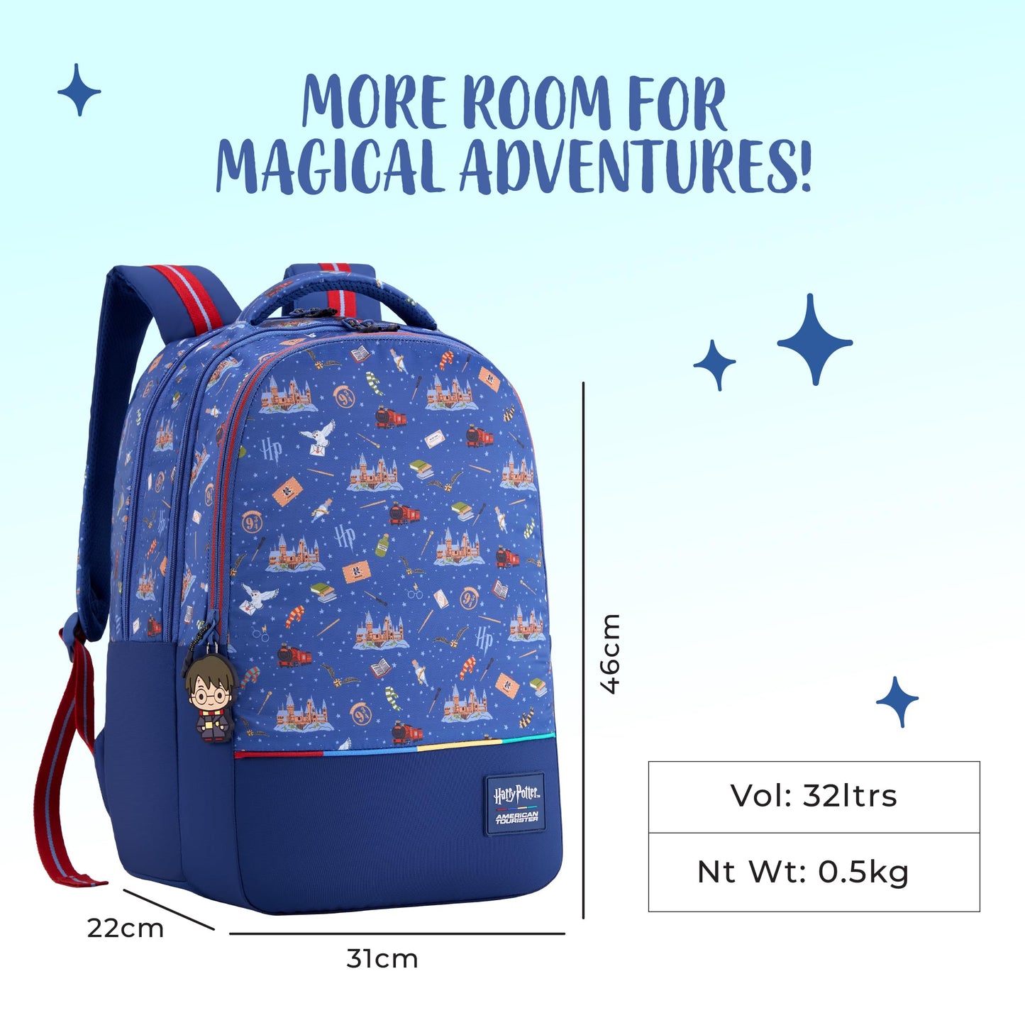 Harry Potter x American Tourister Hogwart Illustration Backpack | 33L School Bag for Girl and Boy | Multiple Compartment |AT Playunique - Harry's Specks Charm Puller | Beige | 1 Year Global Warranty